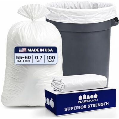 Plasticplace Lot de 100 sacs poubelle blancs de 200 à 200 litres 0,7 mm d'épaisseur Résistants 96,5 x 147,3 cm Plasticplace Lot de 100 sacs poubelle blancs de 200 à 200 litres 0,7 mm d'épaisseur Résistants 96,5 x 147,3 cm