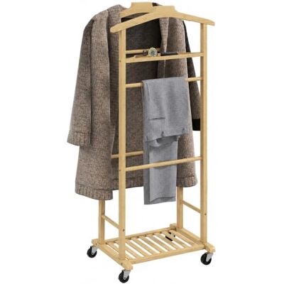 HOMCOM Valet de Chambre à Roulettes Bambou Double Cintre Bois Naturel Portant à Vêtements, Tige à Pantalons, Plateau à Accessoires, Étagère, Porte-Manteaux, Chambre, Buanderie HOMCOM Valet de Chambre à Roulettes Bambou Double Cintre Bois Naturel Portant à Vêtements, Tige à Pantalons, Plateau à Accessoires, Étagère, Porte-Manteaux, Chambre, Buanderie