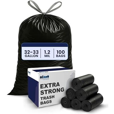 Plasticplace Lot de 100 sacs poubelle de 32 à 33 gallons │ 1,2 mil │ Sacs poubelle avec cordon de serrage │ 83,8 x 99,1 cm, noir Plasticplace Lot de 100 sacs poubelle de 32 à 33 gallons │ 1,2 mil │ Sacs poubelle avec cordon de serrage │ 83,8 x 99,1 cm, noir