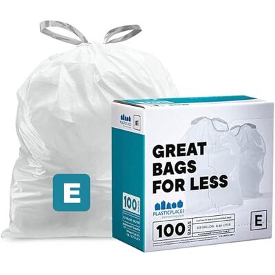 Plasticplace Lot de 100 sacs poubelle avec cordon de serrage compatibles Code E Blanc 20 l 47,6 x 50,8 cm Plasticplace Lot de 100 sacs poubelle avec cordon de serrage compatibles Code E Blanc 20 l 47,6 x 50,8 cm