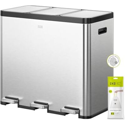 EKO EcoCasa Poubelle de recyclage 20 L + 20 L + 20 L en acier inoxydable à 3 compartiments avec pédales individuelles pour le tri des déchets de cuisine, seaux intérieurs et poignées en plastique, EKO EcoCasa Poubelle de recyclage 20 L + 20 L + 20 L en acier inoxydable à 3 compartiments avec pédales individuelles pour le tri des déchets de cuisine, seaux intérieurs et poignées en plastique,