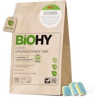 BIOHY Tablettes de lave-vaisselle tout-en-un (30 pastilles) Sans phosphate Pour le nettoyage quotidien de la vaisselle et des couverts Contre les résidus de graisse et de nourriture les plus BIOHY Tablettes de lave-vaisselle tout-en-un (30 pastilles) Sans phosphate Pour le nettoyage quotidien de la vaisselle et des couverts Contre les résidus de graisse et de nourriture les plus