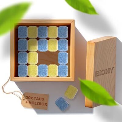 BIOHY Tablettes tout-en-un pour lave-vaisselle (20 tablettes) + boîte de rangement en bois Sans phosphate Pour le nettoyage quotidien de la vaisselle et des couverts Contre les résidus de BIOHY Tablettes tout-en-un pour lave-vaisselle (20 tablettes) + boîte de rangement en bois Sans phosphate Pour le nettoyage quotidien de la vaisselle et des couverts Contre les résidus de