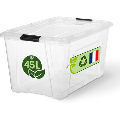 Iris Ohyama Boîtes de rangement avec couvercle, 45 L, transparentes, fermeture sécurisée, empilables, poignées, chambre à coucher, placard, bureau, organisation, plastique sans BPA, BSB-45 Iris Ohyama Boîtes de rangement avec couvercle, 45 L, transparentes, fermeture sécurisée, empilables, poignées, chambre à coucher, placard, bureau, organisation, plastique sans BPA, BSB-45