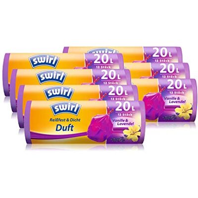 Swirl Lot de 7 rouleaux de 12 sacs poubelle parfumés à la vanille et à la lavande 20 litres Swirl Lot de 7 rouleaux de 12 sacs poubelle parfumés à la vanille et à la lavande 20 litres