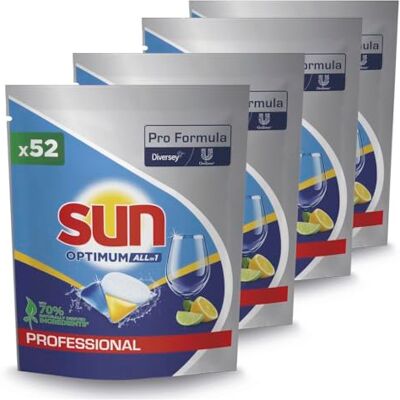 Sun Optimum Lot de 4 paquets de 52 capsules tout-en-1 pour lave-vaisselle avec liquide de rinçage et sel Convient pour lave-vaisselle domestique et commercial Sun Optimum Lot de 4 paquets de 52 capsules tout-en-1 pour lave-vaisselle avec liquide de rinçage et sel Convient pour lave-vaisselle domestique et commercial