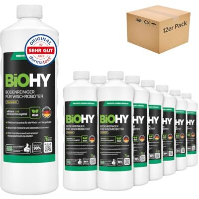 BIOHY Nettoyant de sol pour robot aspirateur laveur (12 x 1 litre), liquide Produit, détergent et solution de lavage pour stations. Dosage 1:200, faible mousse, séchage rapide. Carrelage, parquet, PVC. BIOHY Nettoyant de sol pour robot aspirateur laveur (12 x 1 litre), liquide Produit, détergent et solution de lavage pour stations. Dosage 1:200, faible mousse, séchage rapide. Carrelage, parquet, PVC.