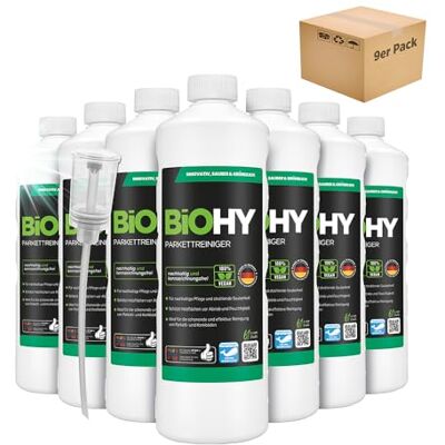 BIOHY Parketreiniger (9 x 1l Fles) + doseerder Ideaal voor verzegelde parketvloeren Zacht voor het materiaal & zonder opnieuw te vetten Voor streeploos reinigen (Parkettreiniger) BIOHY Parketreiniger (9 x 1l Fles) + doseerder Ideaal voor verzegelde parketvloeren Zacht voor het materiaal & zonder opnieuw te vetten Voor streeploos reinigen (Parkettreiniger)