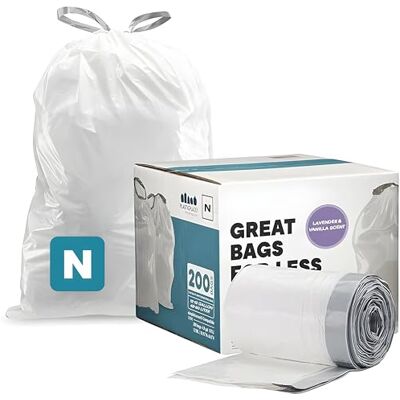 Plasticplace Sacs poubelle blancs avec cordon de serrage parfumés à la lavande et à la vanille douce, compatibles avec code N (200 pièces) de 45 à 50 litres, 1,2 mil, 57,1 x 80 cm Plasticplace Sacs poubelle blancs avec cordon de serrage parfumés à la lavande et à la vanille douce, compatibles avec code N (200 pièces) de 45 à 50 litres, 1,2 mil, 57,1 x 80 cm