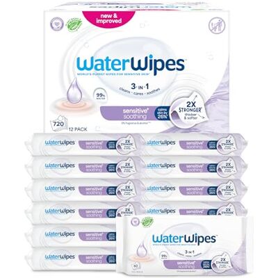 WaterWipes Peau Sensible+ Lingettes Apaisantes, 12 Paquets 720 lingettes 3-en-1 à l'extrait botanique qui nettoient, protègent et apaisent ; hypoallergéniques, sans parfum ni alcool WaterWipes Peau Sensible+ Lingettes Apaisantes, 12 Paquets 720 lingettes 3-en-1 à l'extrait botanique qui nettoient, protègent et apaisent ; hypoallergéniques, sans parfum ni alcool