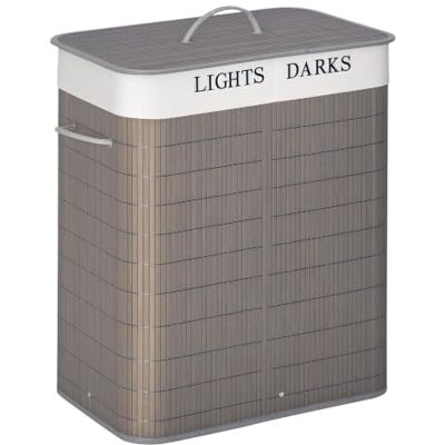 HOMCOM Panier à Linge 100L avec 2 Bacs Bambou Pliable, Gris Bambou, Poignée, Sac Amovible et Lavable HOMCOM Panier à Linge 100L avec 2 Bacs Bambou Pliable, Gris Bambou, Poignée, Sac Amovible et Lavable