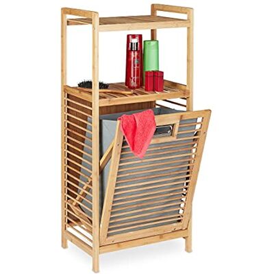 Relaxdays Étagère de salle de bain avec panier à linge, 2 étagères ouvertes, panier à linge basculant, bambou et tissu, 95 x 40 x 30 cm, naturel/gris Relaxdays Étagère de salle de bain avec panier à linge, 2 étagères ouvertes, panier à linge basculant, bambou et tissu, 95 x 40 x 30 cm, naturel/gris