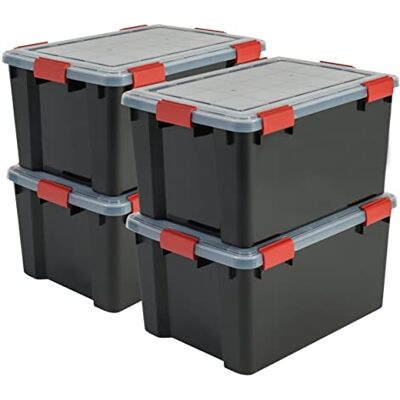 Iris Ohyama , Boîtes de rangement plastique étanches de 50L, Lot de 4, Sans BPA, AT-L, Noir, Clips de fermeture- L59 x P39 x H29 cm Iris Ohyama , Boîtes de rangement plastique étanches de 50L, Lot de 4, Sans BPA, AT-L, Noir, Clips de fermeture- L59 x P39 x H29 cm