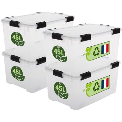 Iris Ohyama WSB-45 Lot de 4 boîtes de rangement hermétiques en plastique transparent avec couvercle hermétique et boucles de verrouillage empilables pour extérieur, garage, vêtements, anti-poussière Iris Ohyama WSB-45 Lot de 4 boîtes de rangement hermétiques en plastique transparent avec couvercle hermétique et boucles de verrouillage empilables pour extérieur, garage, vêtements, anti-poussière