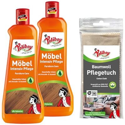 Poliboy Soin intensif pour meubles – Produit d'entretien pour bois laqué – Soin protecteur et rafraîchissant du bois – Couleur neutre – 2 x 500 ml avec chiffon en coton – Fabriqué en Allemagne Poliboy Soin intensif pour meubles – Produit d'entretien pour bois laqué – Soin protecteur et rafraîchissant du bois – Couleur neutre – 2 x 500 ml avec chiffon en coton – Fabriqué en Allemagne