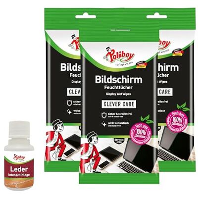 Poliboy Lot de 3 paquets de 30 lingettes humides pour écran Avec échantillon de produit Fabriquées en Allemagne Poliboy Lot de 3 paquets de 30 lingettes humides pour écran Avec échantillon de produit Fabriquées en Allemagne