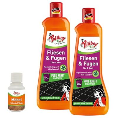Poliboy Nettoyant pour carrelage et joints Concentré avec oxygène actif pour carrelage de sol et carrelage mural Pour l'intérieur et l'extérieur 2 x 500 ml Avec échantillon de produit Poliboy Nettoyant pour carrelage et joints Concentré avec oxygène actif pour carrelage de sol et carrelage mural Pour l'intérieur et l'extérieur 2 x 500 ml Avec échantillon de produit