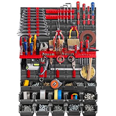 KADAX Étagère murale d'atelier, 58 x 78 cm, système de stockage en plastique robuste, résistant aux UV, plaques murales extensibles, étagère pour garage, (noir et rouge, 38 pièces) KADAX Étagère murale d'atelier, 58 x 78 cm, système de stockage en plastique robuste, résistant aux UV, plaques murales extensibles, étagère pour garage, (noir et rouge, 38 pièces)