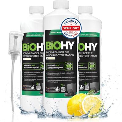 BIOHY Nettoyeur de sol pour station robot, serpillère avec parfum frais (3 x 1 litre) + doseur, agent de nettoyage concentré BIOHY Nettoyeur de sol pour station robot, serpillère avec parfum frais (3 x 1 litre) + doseur, agent de nettoyage concentré