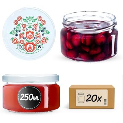 KADAX Lot de 20 pots à confiture de 250 ml avec couvercle à visser Ø 82 mm folklore – Hermétiques, passent au lave-vaisselle, idéaux pour confitures, chutneys, légumes marinés, viandes, tartes et KADAX Lot de 20 pots à confiture de 250 ml avec couvercle à visser Ø 82 mm folklore – Hermétiques, passent au lave-vaisselle, idéaux pour confitures, chutneys, légumes marinés, viandes, tartes et