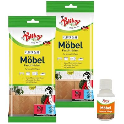 Poliboy Lingettes humides pour meubles Lingettes anti-poussière pour toutes les surfaces, bois, plastique, métal Lingettes humides polyvalentes pour la maison 2 x 24 lingettes Avec échantillon Poliboy Lingettes humides pour meubles Lingettes anti-poussière pour toutes les surfaces, bois, plastique, métal Lingettes humides polyvalentes pour la maison 2 x 24 lingettes Avec échantillon