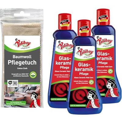 Poliboy Entretien pour vitrocéramique – Entretien céramique avec protection anti-brûlure – Nettoyant pour plaque de cuisson vitrocéramique – 3 x 200 ml – Avec chiffon en coton – Fabriqué en Allemagne Poliboy Entretien pour vitrocéramique – Entretien céramique avec protection anti-brûlure – Nettoyant pour plaque de cuisson vitrocéramique – 3 x 200 ml – Avec chiffon en coton – Fabriqué en Allemagne