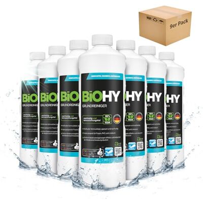 BIOHY Grundreiniger (9 x 1 Liter) gegen hartnäckige Verkrustungen & Pflegefilme reinigt alle säure- & wasserfesten Oberflächen kraftvolles Konzentrat ideal für Werkstatt & Küche BIOHY Grundreiniger (9 x 1 Liter) gegen hartnäckige Verkrustungen & Pflegefilme reinigt alle säure- & wasserfesten Oberflächen kraftvolles Konzentrat ideal für Werkstatt & Küche