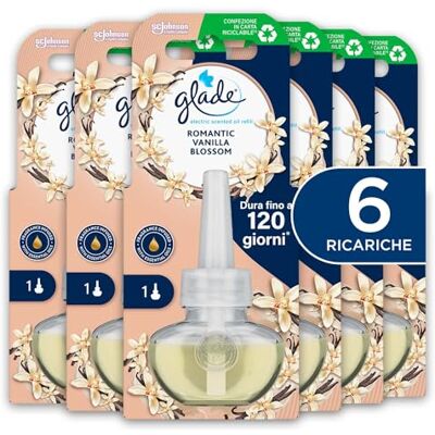 Glade Liquide électrique pour parfum d'ambiance, vanille, 6 recharges Jusqu'à 120 jours de parfum par recharge, parfum réglable pour s'adapter à chaque pièce, avec huiles essentielles Glade Liquide électrique pour parfum d'ambiance, vanille, 6 recharges Jusqu'à 120 jours de parfum par recharge, parfum réglable pour s'adapter à chaque pièce, avec huiles essentielles