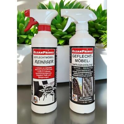 CleanPrince Kit d'entretien pour meubles tressés : 0,5 l de nettoyant et 0,5 l d'imprégnation En rotin synthétique transparent résistant aux UV Revêtement hydrofuge CleanPrince Kit d'entretien pour meubles tressés : 0,5 l de nettoyant et 0,5 l d'imprégnation En rotin synthétique transparent résistant aux UV Revêtement hydrofuge
