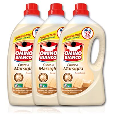 Omino Bianco Lave-linge liquide, 156 lavages, respecte les couleurs et les tissus, parfum frais avec essence coeur de Marseille, blanc, 2600 ml x 3 paquets Omino Bianco Lave-linge liquide, 156 lavages, respecte les couleurs et les tissus, parfum frais avec essence coeur de Marseille, blanc, 2600 ml x 3 paquets