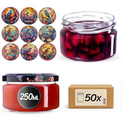 KADAX Lot de 50 petits pots à confiture avec couvercles hermétiques 250 ml Idéaux comme cadeau Motif oiseaux KADAX Lot de 50 petits pots à confiture avec couvercles hermétiques 250 ml Idéaux comme cadeau Motif oiseaux