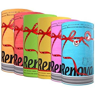 Renova Red Label Lot de 6 rouleaux de papier essuie-tout en couleurs mélangées Bleu/vert/rouge/orange/rose/jaune Le paquet correspond à 18 rouleaux standard Renova Red Label Lot de 6 rouleaux de papier essuie-tout en couleurs mélangées Bleu/vert/rouge/orange/rose/jaune Le paquet correspond à 18 rouleaux standard