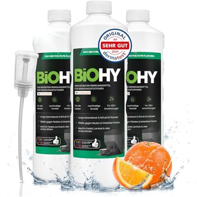 BIOHY Nettoyant concentré pour robots laveur, avec doseur, à faible mousse, au parfum d'orange, prolonge la durée de vie de la station d'aspiration, adapté aux stations de nettoyage, sols, 3 x 1 l BIOHY Nettoyant concentré pour robots laveur, avec doseur, à faible mousse, au parfum d'orange, prolonge la durée de vie de la station d'aspiration, adapté aux stations de nettoyage, sols, 3 x 1 l