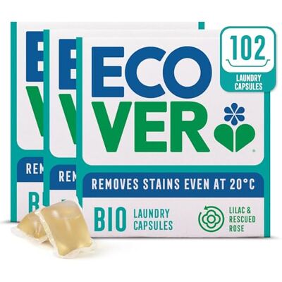 Ecover Bio Lot de 3 boîtes de 34 capsules de lessive en capsules avec parfum de lilas frais et propre et de rose sauvée Ecover Bio Lot de 3 boîtes de 34 capsules de lessive en capsules avec parfum de lilas frais et propre et de rose sauvée