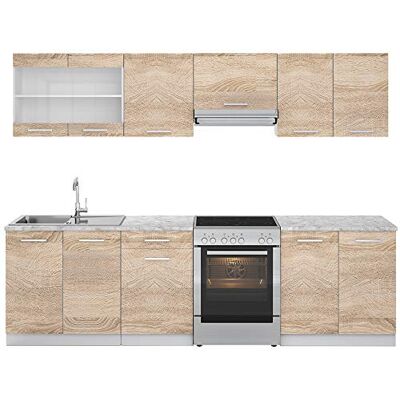 Vicco Ligne de cuisine "R-Line", Sonoma/Blanc 270 cm PT Marbre, avec modules réglables et pieds à hauteur ajustable Vicco Ligne de cuisine "R-Line", Sonoma/Blanc 270 cm PT Marbre, avec modules réglables et pieds à hauteur ajustable