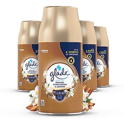Glade Recharge de désodorisant automatique, parfum de pulvérisation de voiture pour la maison, bois de santal sensuel et jasmin, lot de 4 Glade Recharge de désodorisant automatique, parfum de pulvérisation de voiture pour la maison, bois de santal sensuel et jasmin, lot de 4