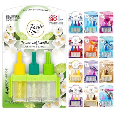 Fresh Line ® Lot de 6 recharges de désodorisant (3 x 7 ml) – 3 phases de changement – Compatible avec 3VOLUTION – Désodorisant – 6 parfums : baies sauvages, jasmin, citron vert, frais d'avril, orchidée Fresh Line ® Lot de 6 recharges de désodorisant (3 x 7 ml) – 3 phases de changement – Compatible avec 3VOLUTION – Désodorisant – 6 parfums : baies sauvages, jasmin, citron vert, frais d'avril, orchidée