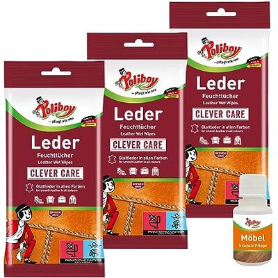 Poliboy Lot de 3 paquets de 20 lingettes humides pour cuir lisse Pour l'entretien et le nettoyage du cuir lisse Rafraîchissement des couleurs et protection avec de la cire de carnauba Avec Poliboy Lot de 3 paquets de 20 lingettes humides pour cuir lisse Pour l'entretien et le nettoyage du cuir lisse Rafraîchissement des couleurs et protection avec de la cire de carnauba Avec