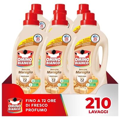 Omino Bianco Lessive Machine à laver liquide, 210 lavages, respecte les couleurs et les tissus, parfum frais avec essence coeur de Marseille, 1400 ml x 6 paquets Omino Bianco Lessive Machine à laver liquide, 210 lavages, respecte les couleurs et les tissus, parfum frais avec essence coeur de Marseille, 1400 ml x 6 paquets