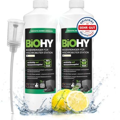 BIOHY Nettoyeur de sol pour station robot, serpillère avec parfum frais (2 x 1 litre) + doseur, agent de nettoyage concentré BIOHY Nettoyeur de sol pour station robot, serpillère avec parfum frais (2 x 1 litre) + doseur, agent de nettoyage concentré