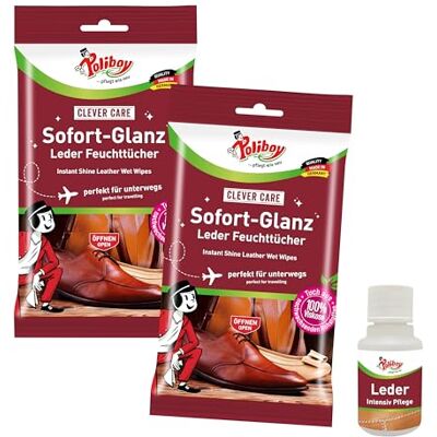 Poliboy Lingettes humides pour cuir brillance immédiate Lingettes de nettoyage pour cuir pour les déplacements Pour chaussures et sacs Soin immédiat avec effet brillant 2 x 10 lingettes Avec Poliboy Lingettes humides pour cuir brillance immédiate Lingettes de nettoyage pour cuir pour les déplacements Pour chaussures et sacs Soin immédiat avec effet brillant 2 x 10 lingettes Avec