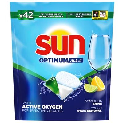 Sun Optimum All-in 1 Citroën Lave-vaisselle Capsules, pour un nettoyage puissant et une brillance éclatante 42 capsules Sun Optimum All-in 1 Citroën Lave-vaisselle Capsules, pour un nettoyage puissant et une brillance éclatante 42 capsules