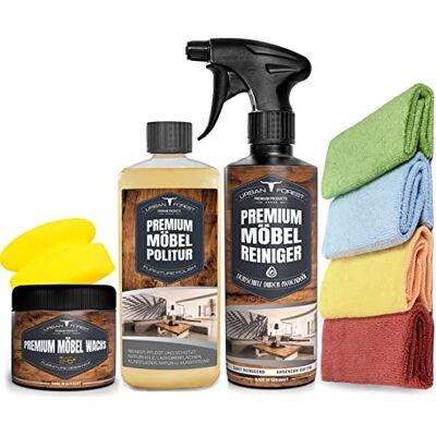 URBAN FOREST Lot économique de cire pour meubles + huile pour meubles + nettoyant pour meubles + éponge + 4 chiffons en microfibre pour bois, plastique, cuir synthétique, pierres naturelles et artificielles, cuir URBAN FOREST Lot économique de cire pour meubles + huile pour meubles + nettoyant pour meubles + éponge + 4 chiffons en microfibre pour bois, plastique, cuir synthétique, pierres naturelles et artificielles, cuir