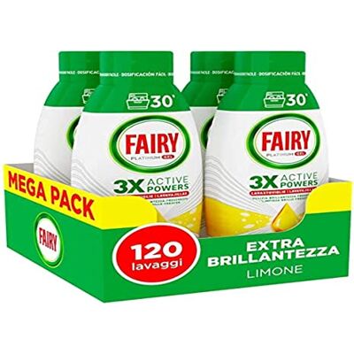 Fairy Lessive Lave-vaisselle Gel liquide, 120 lavages, Lot de 4 bouteilles, Platinum Citron Fairy Lessive Lave-vaisselle Gel liquide, 120 lavages, Lot de 4 bouteilles, Platinum Citron