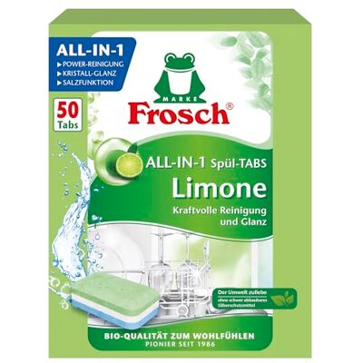 FROSCH Limonen Lot de 50 tablettes de lave-vaisselle respectueuses de l'environnement avec film soluble dans l'eau pour le nettoyage quotidien des couverts et de la vaisselle FROSCH Limonen Lot de 50 tablettes de lave-vaisselle respectueuses de l'environnement avec film soluble dans l'eau pour le nettoyage quotidien des couverts et de la vaisselle