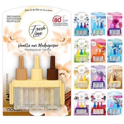 Fresh Line ® Lot de 6 recharges de désodorisant (3 x 7 ml) – 3 phases de changement – Compatible avec 3VOLUTION – Désodorisant – 6 parfums : baies sauvages, jasmin, citron vert, frais d'avril, orchidée Fresh Line ® Lot de 6 recharges de désodorisant (3 x 7 ml) – 3 phases de changement – Compatible avec 3VOLUTION – Désodorisant – 6 parfums : baies sauvages, jasmin, citron vert, frais d'avril, orchidée