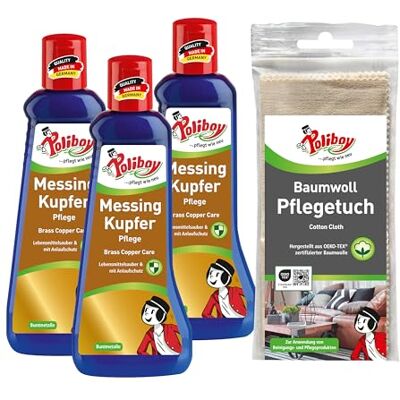 Poliboy Entretien laiton cuivre – Polissage brillant contre le ternissement – Nettoyant laiton avec cire de carnauba – 3 x 200 ml – Avec chiffon en coton – Fabriqué en Allemagne Poliboy Entretien laiton cuivre – Polissage brillant contre le ternissement – Nettoyant laiton avec cire de carnauba – 3 x 200 ml – Avec chiffon en coton – Fabriqué en Allemagne