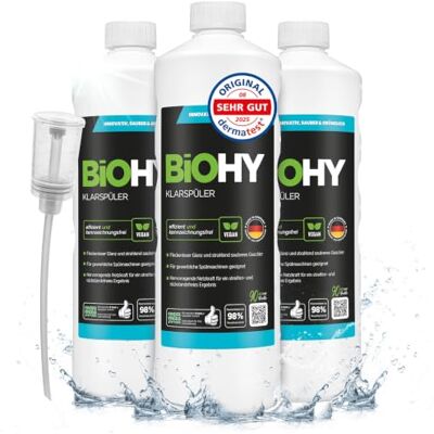 BIOHY Naspoelmiddel (3 x 1l Fles) + doseerder Ecologisch hoogconcentraat Geschikt voor alle (commerciële) vaatwassers, voor een onovertroffen glans op glazen & schalen (Klarspüler) BIOHY Naspoelmiddel (3 x 1l Fles) + doseerder Ecologisch hoogconcentraat Geschikt voor alle (commerciële) vaatwassers, voor een onovertroffen glans op glazen & schalen (Klarspüler)