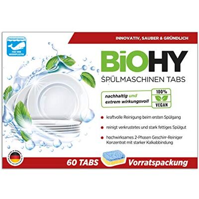 BIOHY Spülmaschinen Tabs (60 Tabs) 2-Phasen- hochwirksamer Geschirr-Reiniger Geschirrspültabs für kraftvolle Reinigung Vorratspackung BIOHY Spülmaschinen Tabs (60 Tabs) 2-Phasen- hochwirksamer Geschirr-Reiniger Geschirrspültabs für kraftvolle Reinigung Vorratspackung