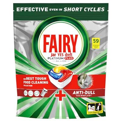 Fairy Platinum Plus 59 tablettes pour lave-vaisselle, citron, notre meilleur nettoyage pour un nettoyage comme neuf, élimine la matité et empêche le calcaire Fairy Platinum Plus 59 tablettes pour lave-vaisselle, citron, notre meilleur nettoyage pour un nettoyage comme neuf, élimine la matité et empêche le calcaire